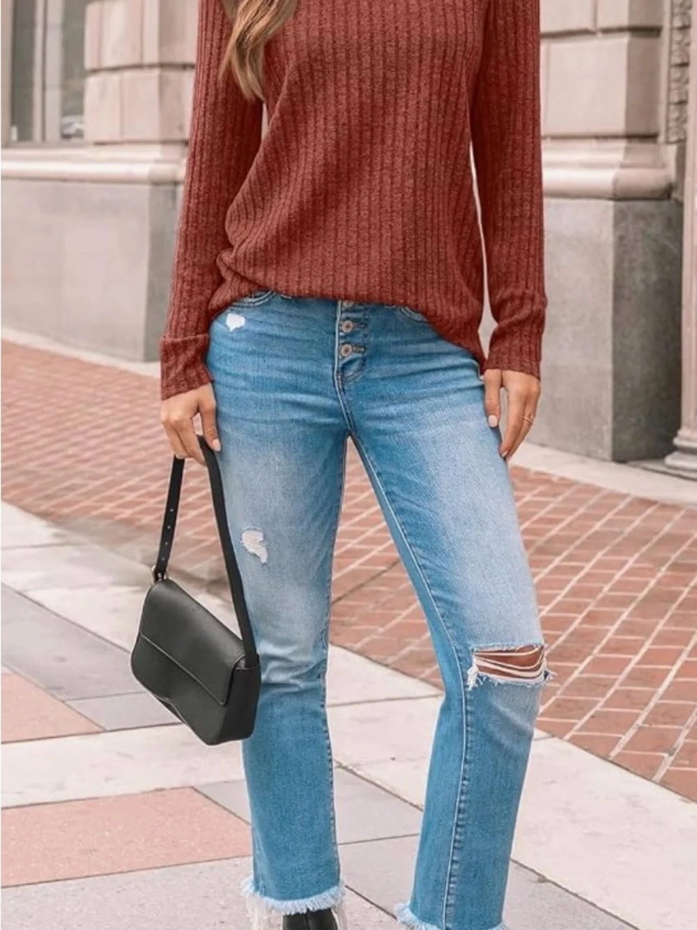 Women's Rust Ribbed Lace-Yoke Long Sleeve Top